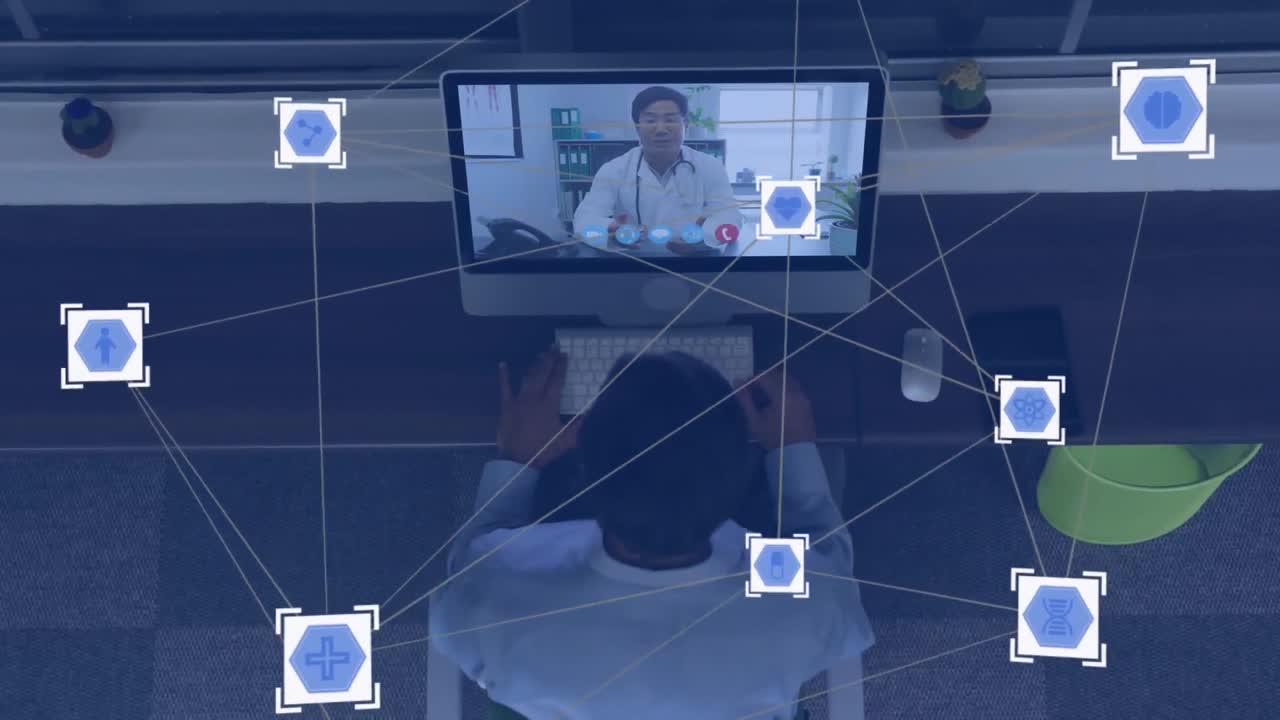 red de conexiones a través del médico masculino en la pantalla de la computadora portátil.