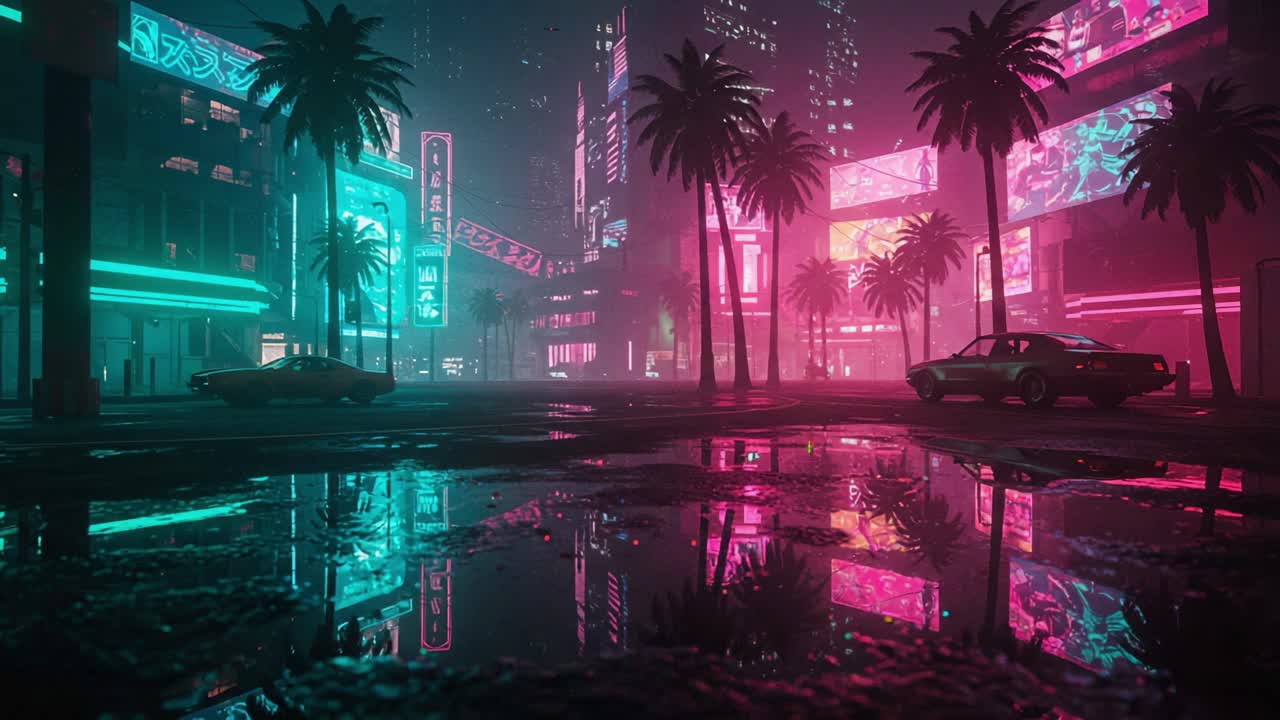 Una splendida scena notturna cattura un paesaggio urbano futuristico illuminato da luci al neon, mostrando vivaci riflessi nelle pozzanghere tra palme e architettura moderna