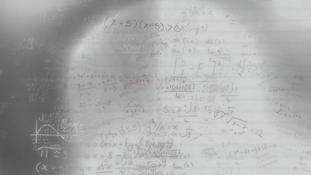 Animazione di equazioni matematiche in loop su una lavagna bianca con un motivo astratto