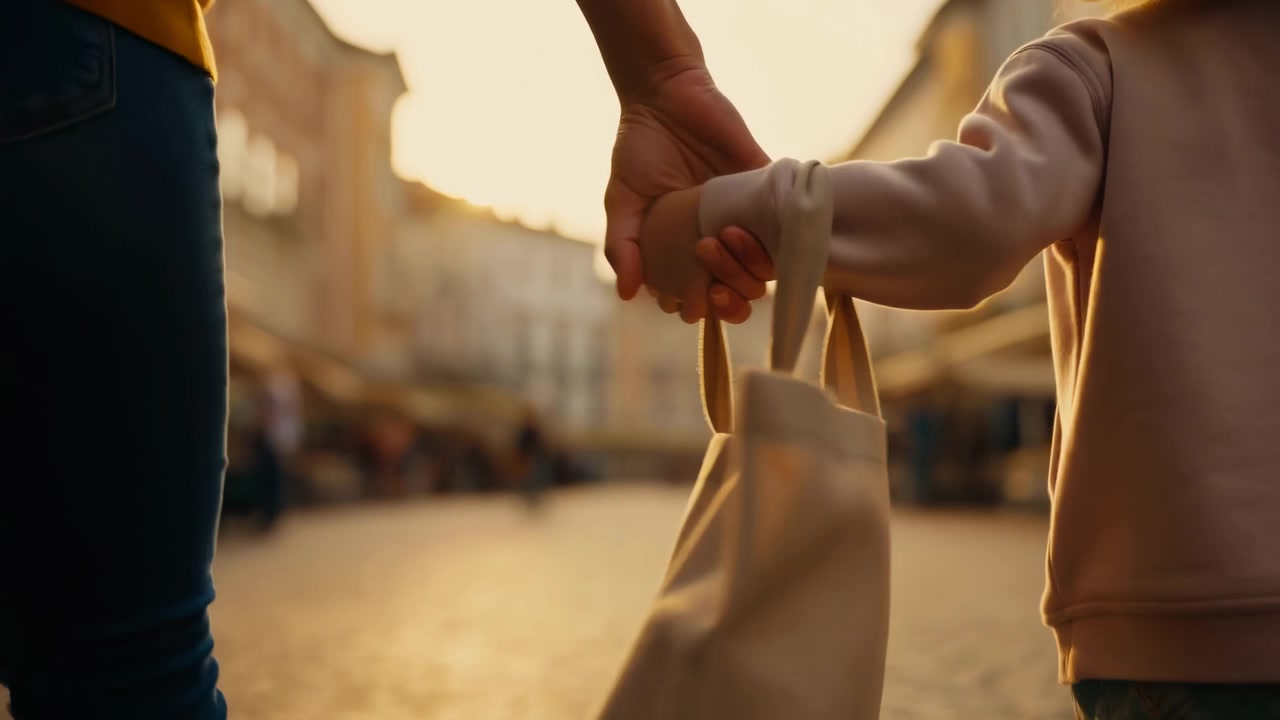 Vista posteriore di un adulto che tiene la mano di un bambino piccolo mentre camminano lungo una strada urbana nella calda luce del tramonto, con borse della spesa appese al braccio del bambino.