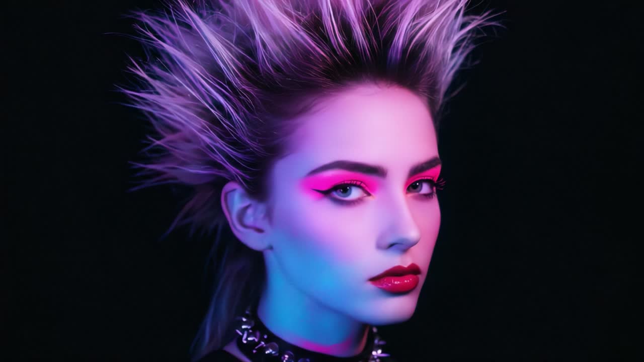 A striking portrait showcasing an edgy fashion statement featuring a model with dramatic hair and bold makeup, highlighted against a dark background with vibrant colors
