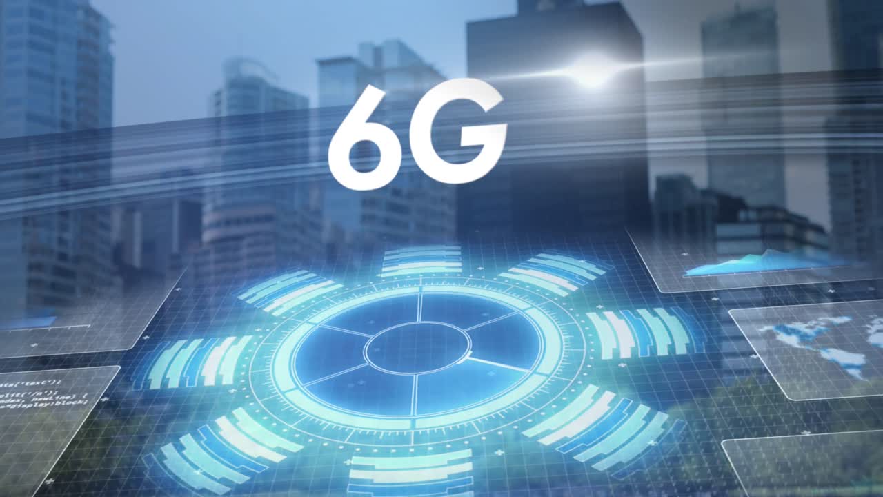 animazione di testo 6g, elaborazione dei dati e paesaggio urbano.