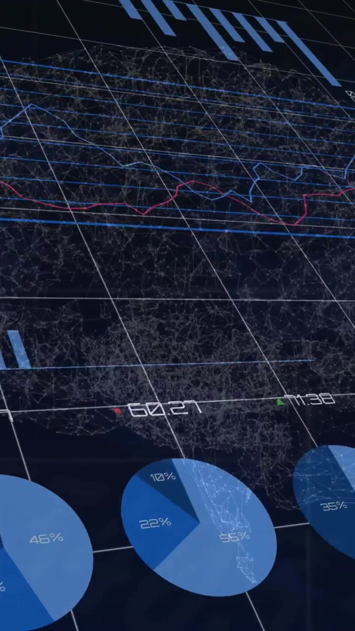 Animation of statistical data processing over spinning human brain against blue background