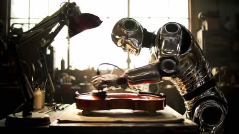 a mechanical virtuoso: a robot artisan skillfully crafting a beautiful violin in a sunlit workshop, merging technology with artistry and precision