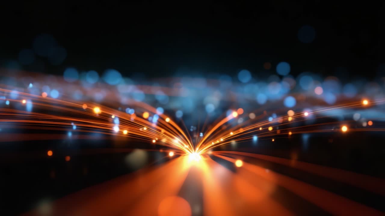 Un'affascinante rappresentazione di particelle luminose e linee vivaci che convergono in un'accattivante scena astratta, evocando un senso di energia e movimento in un mondo digitale