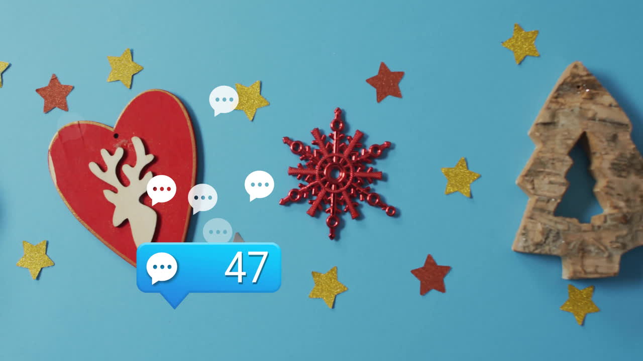 Chat bubbles and notification count with Christmas decorations on blue background