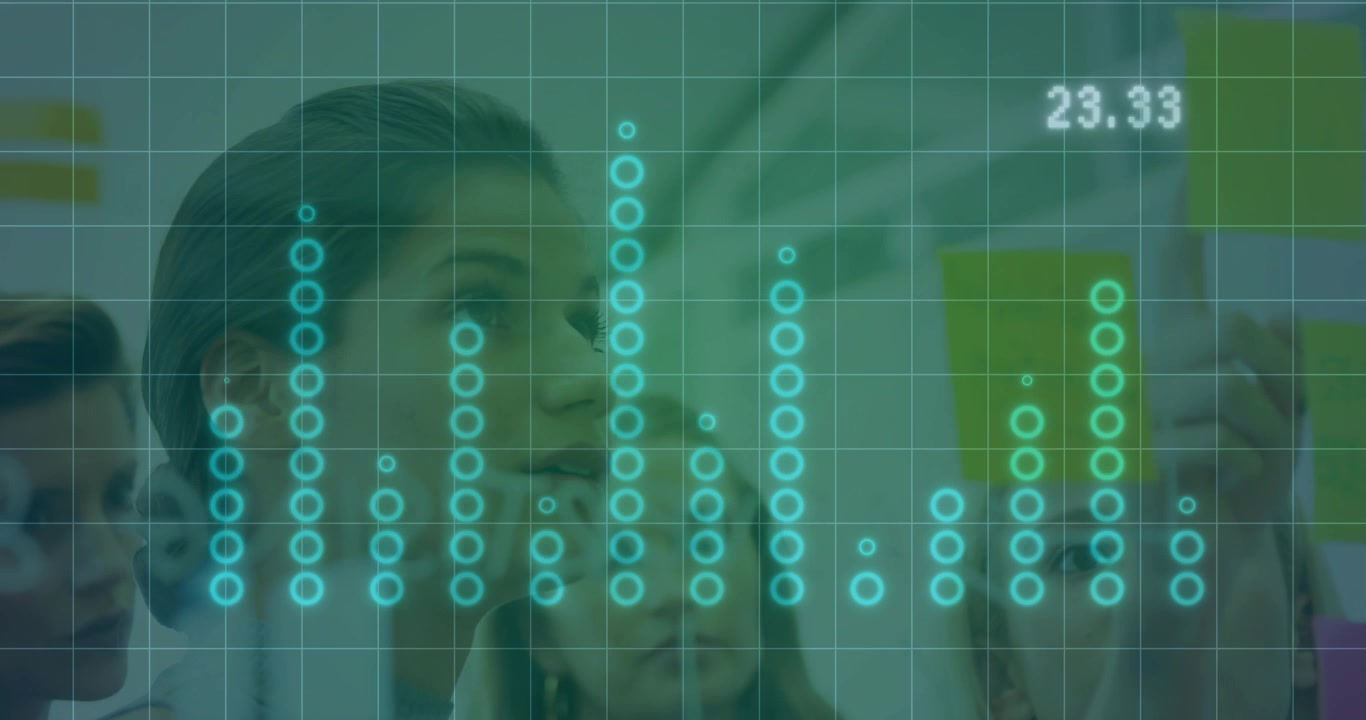 Affärsteam analyserar datatrender på glasvägg på kontor