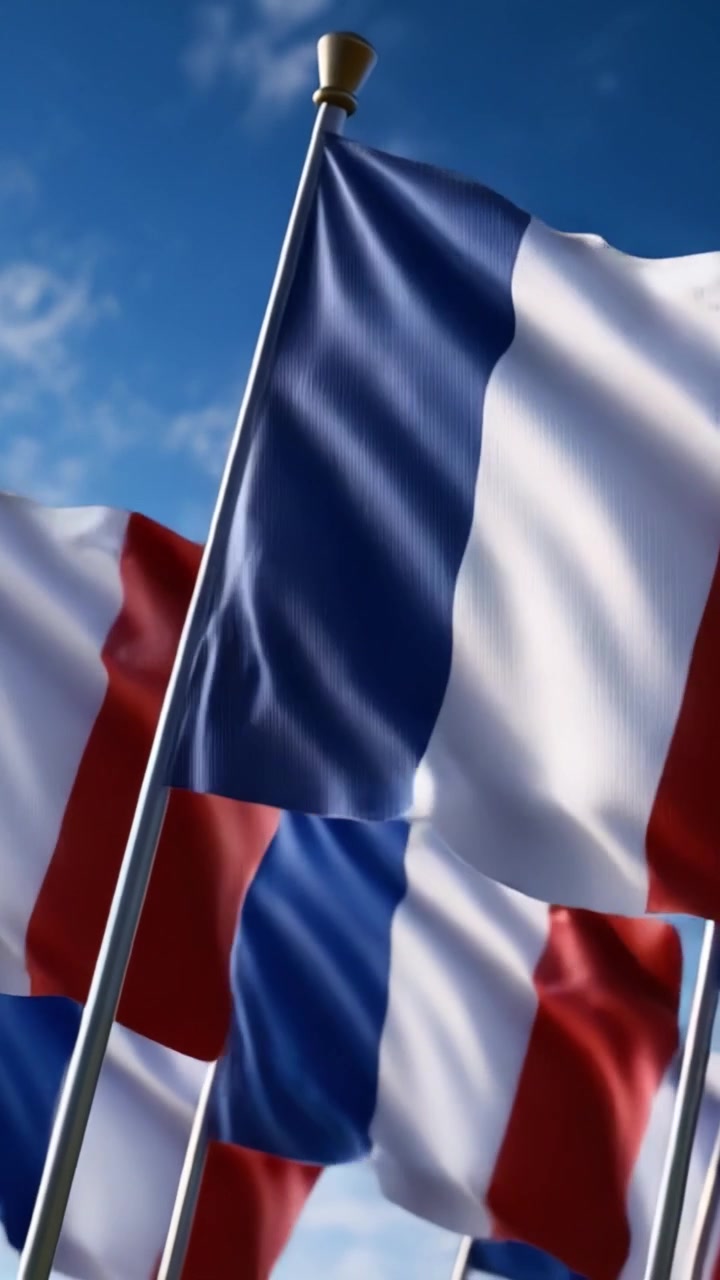 A Collection of French Flags Waving in the Wind Against a Bright Blue Sky, Showcasing the Vibrant Colors of Red, White, and Blue in the Classical Design