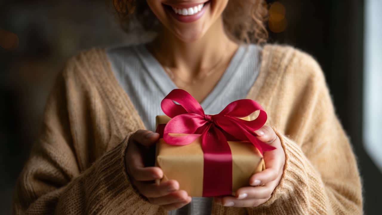 Un momento gioioso di donazione di regali: celebrare l'emozione e la felicità di ricevere un presente premuroso avvolto in una bella carta e un nastro.