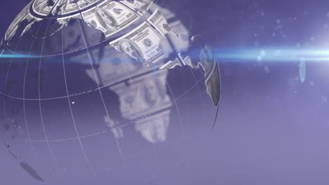 animación de un globo giratorio de billetes de dólar y un haz de luz, sobre un fondo gris