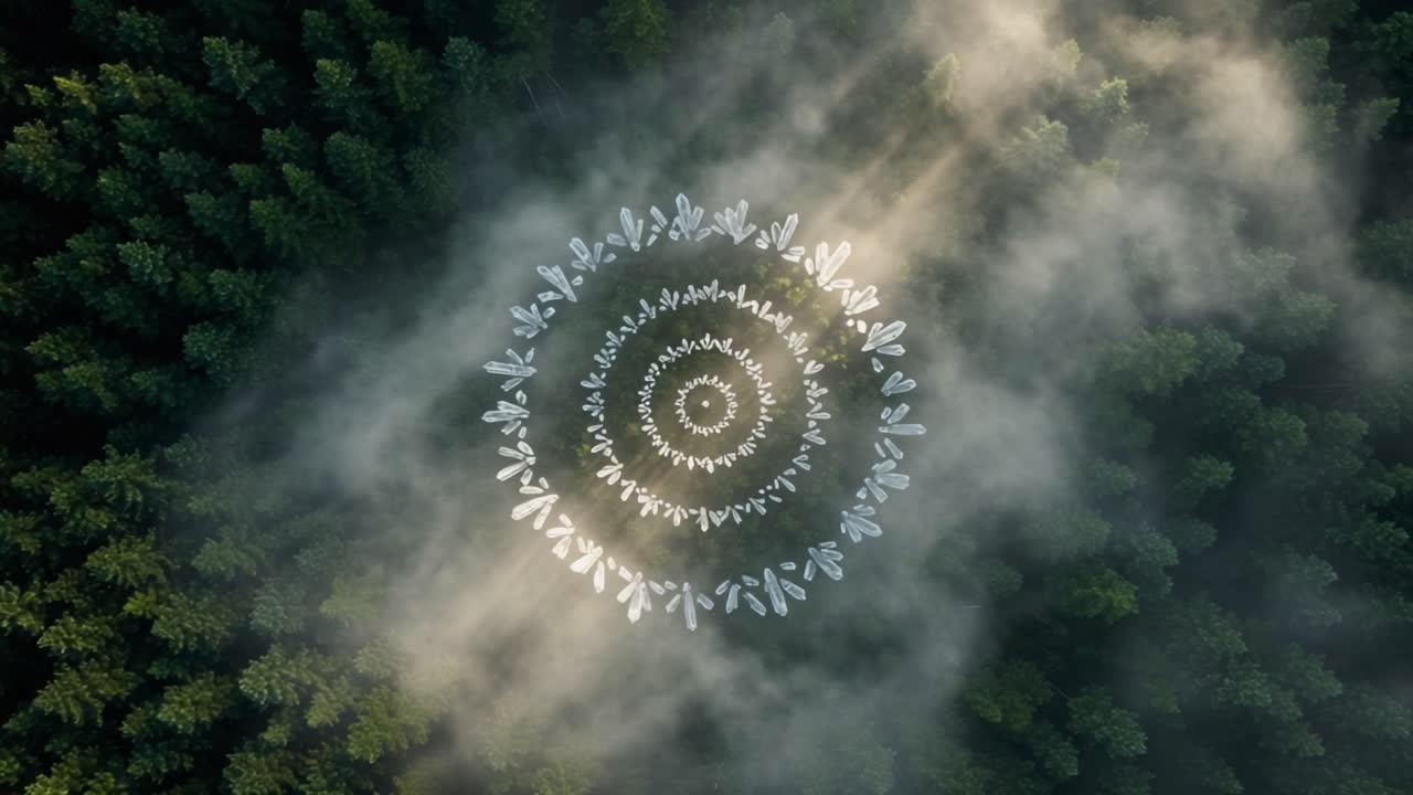 Captivating Aerial View of a Spiraling Design Among Lush Green Trees and Mist, Showcasing Natural Beauty and Artistry in Harmony with the Forest Landscape