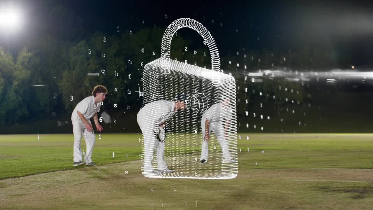 Cricket batsman hitting shot, fielders checking stumps for wicket, team clapping, padlock overlay