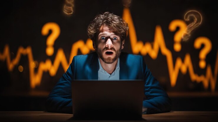 Un'immersione profonda nell'incertezza: un professionista fissa i dati su un laptop, circondato da punti interrogativi e grafici, catturando le difficoltà del processo decisionale nell'analisi.