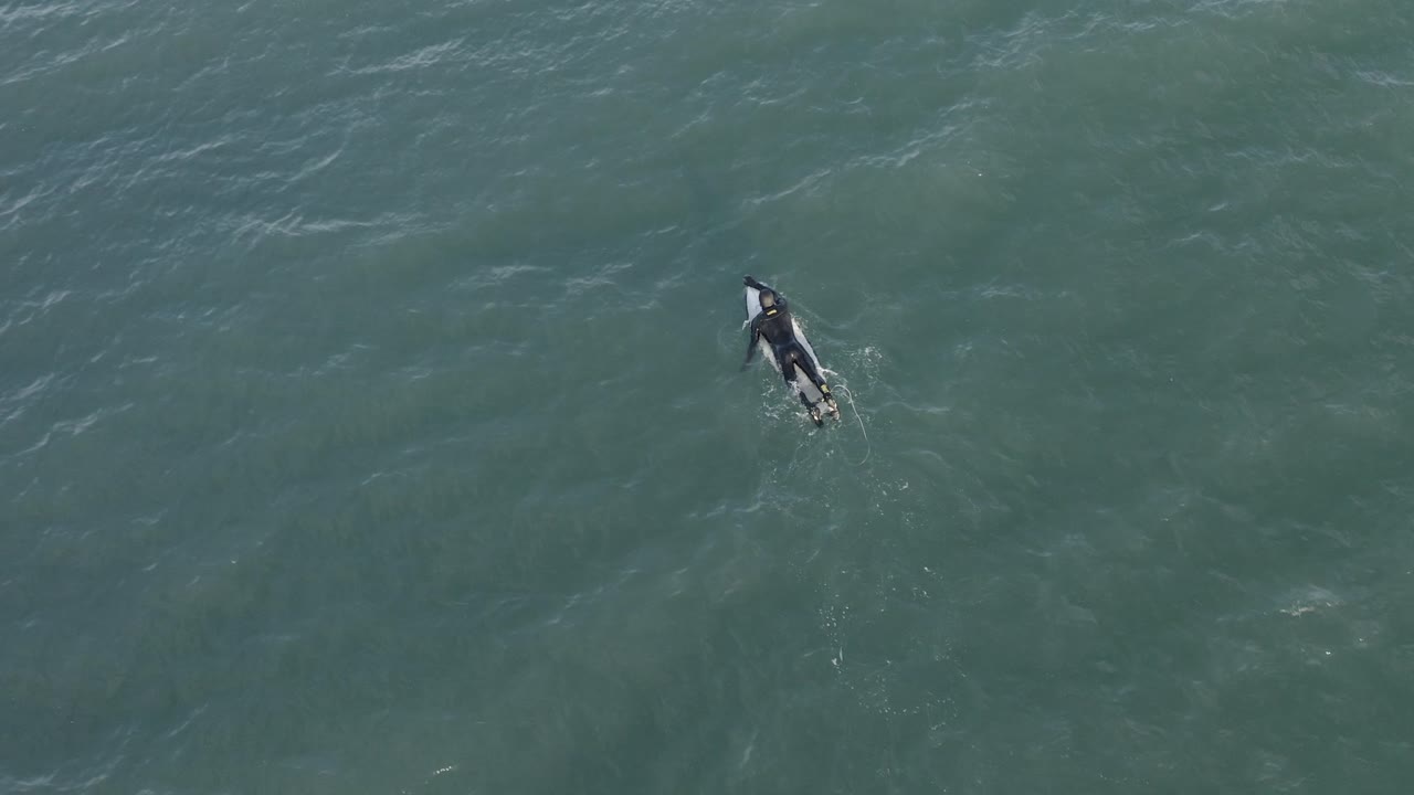 잠수복을 입고 아이슬란드의 찬물에서 수영하는 서퍼의 하향식 공중