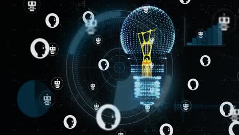 animation of light bulb, icons and data processing