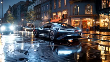 sleek electric car parked on a rainy city street at dusk