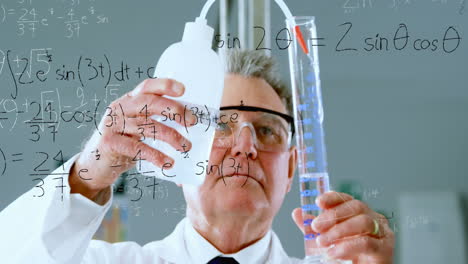 animación de ecuaciones matemáticas en un científico caucásico que realiza un experimento en el laboratorio.