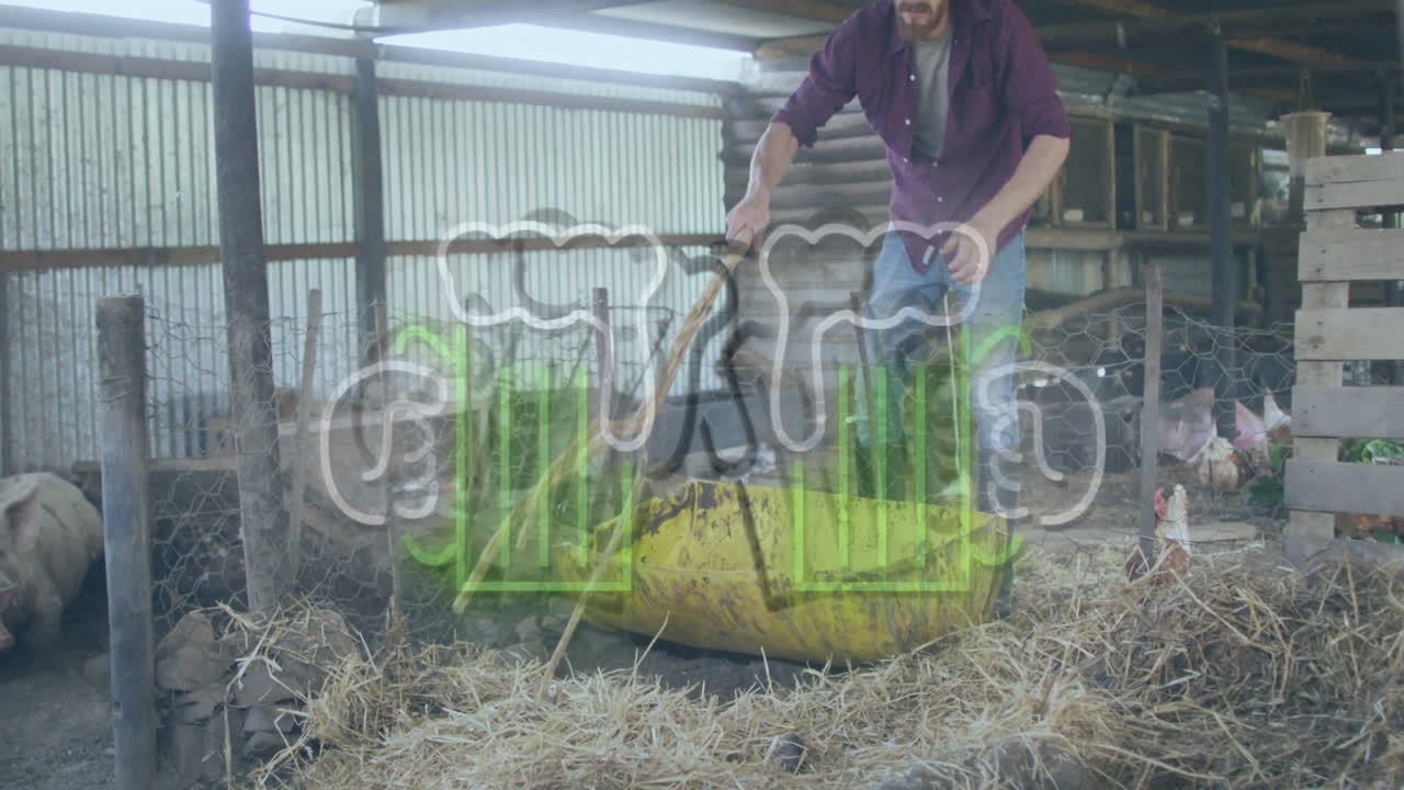 Tending to animals, farmer with animation of clouds and grass in field