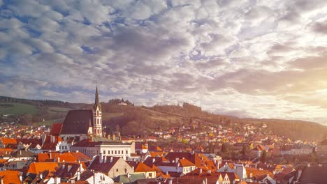 Cesky-Krumlov-cityscape-at-sunset,-Czech-republic---time-lapse-video