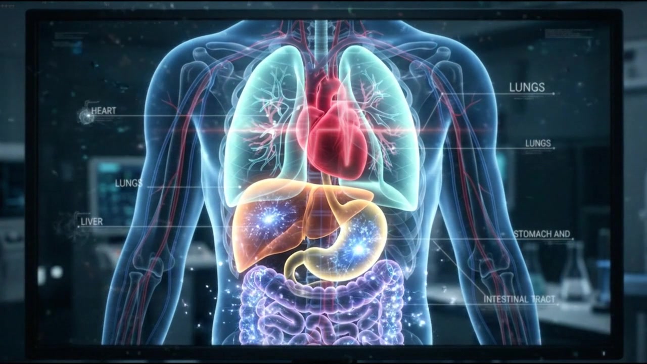 Transparent torso showing lungs heart liver stomach and intestines in medical scan