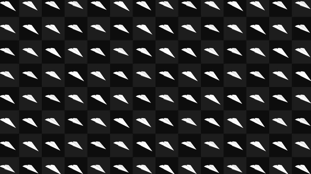 Handmade paper plane collection. Loop animation of flowing white paper plane on black background. Business connection concept. Origami airplane flying.