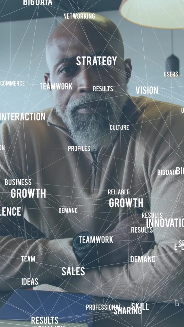 Animation of network of connections with texts over african american businessman working at office
