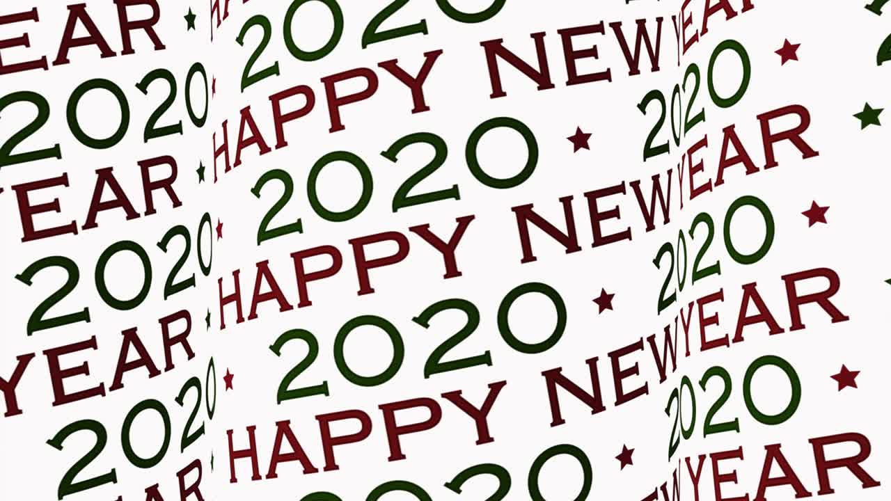 Happy new year 2020 video, moving pattern words like pattern at white background as intro or background. Looping video for celebration