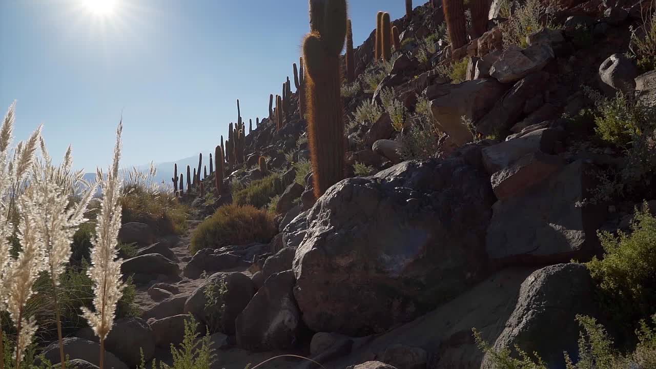 남아메리카 칠레 북부 아타카마 사막의 산 페드로 데 아타카마 근처 선인장 협곡