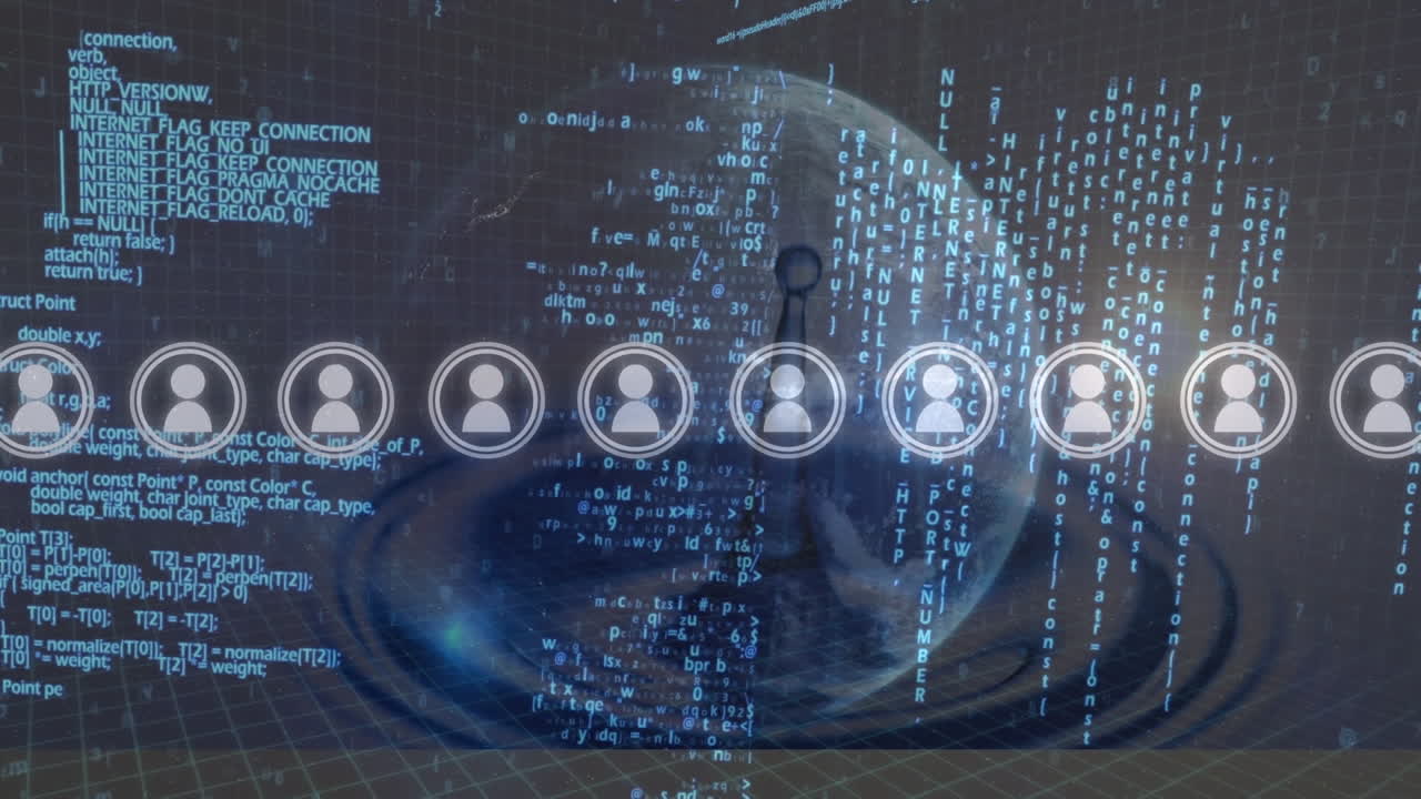 animación de procesamiento de datos y iconos de personas digitales sobre el globo y las gotas de agua