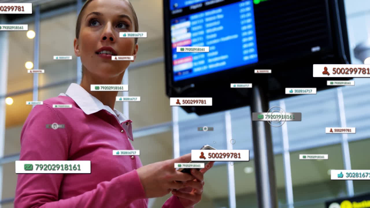 Holding phone with digital data overlay, woman in pink sweater at airport