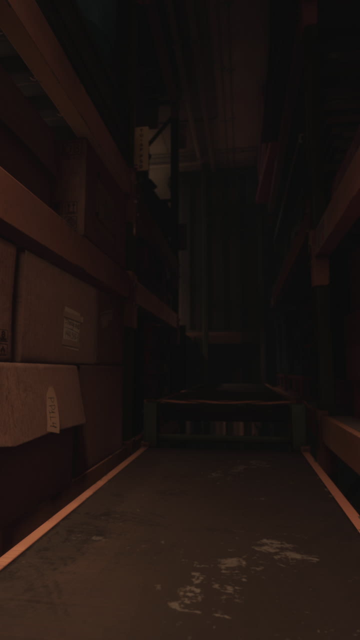 상자 들 의 선반 이 있는 어두운,  빈 창고 복도