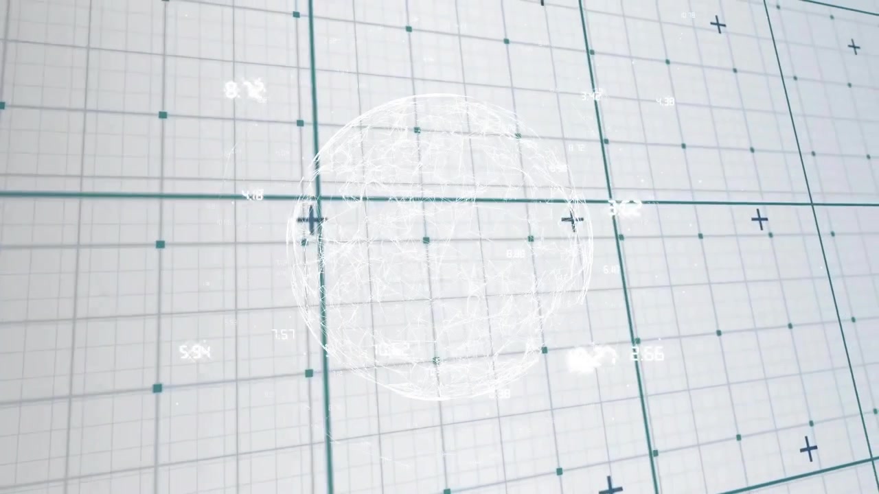 Grid filling sphere appearing with flickering labels, rotating, aligning with grid, displaying data