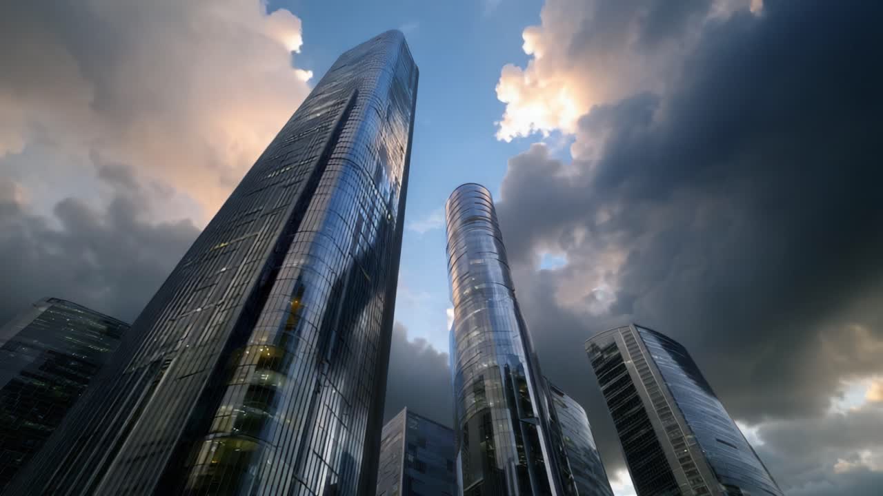 Un cielo spettacolare su maestosi grattacieli - Affascinante paesaggio urbano con imponenti strutture in vetro sotto un crepuscolo nuvoloso, illuminato dalla luce dorata del sole