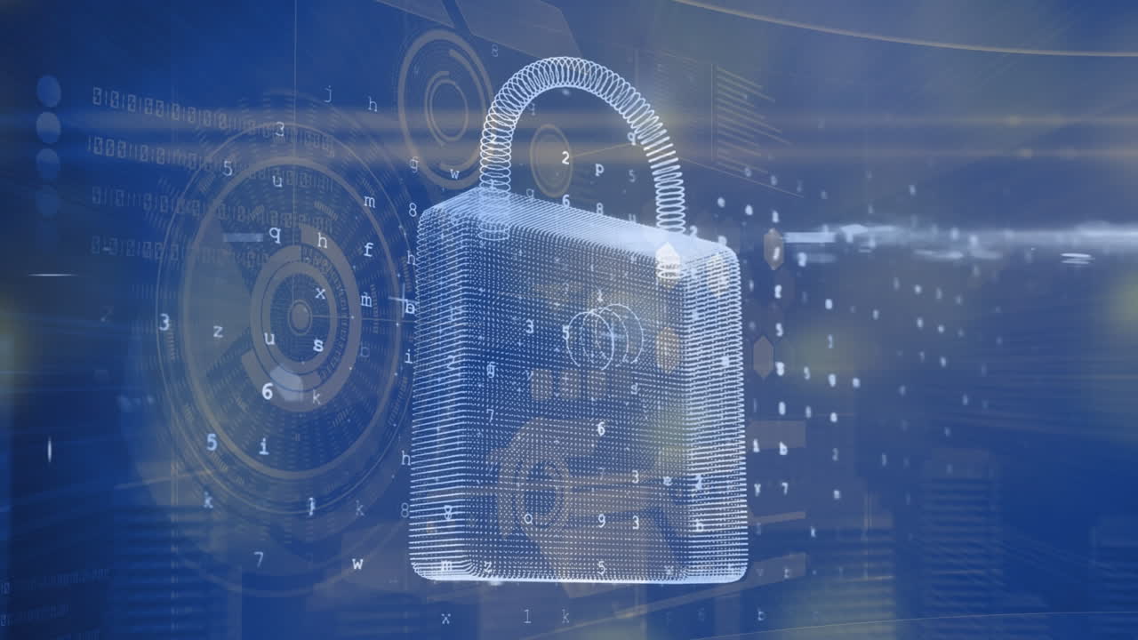 Animation of padlock, changing numbers, letters over circles and binary codes on abstract background