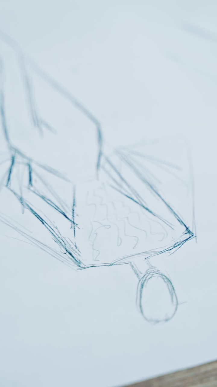 Different stylish sketches of clothes on the sheets of papers lying on the table. A lot of creative works of a fashionable designer painted on papers. Vertical video