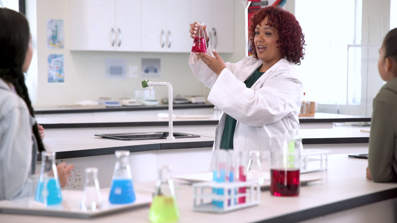 In school, female teacher in lab coat demonstrating chemistry experiment to multiracial students