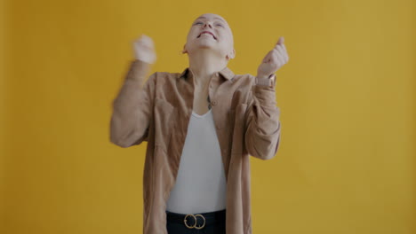 woman expressing different emotions against a yellow background