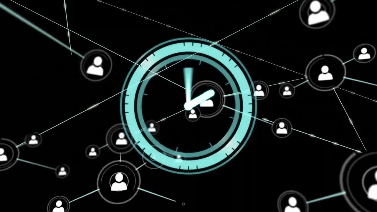Animation of neon ticking clock over network of profile icons against black background