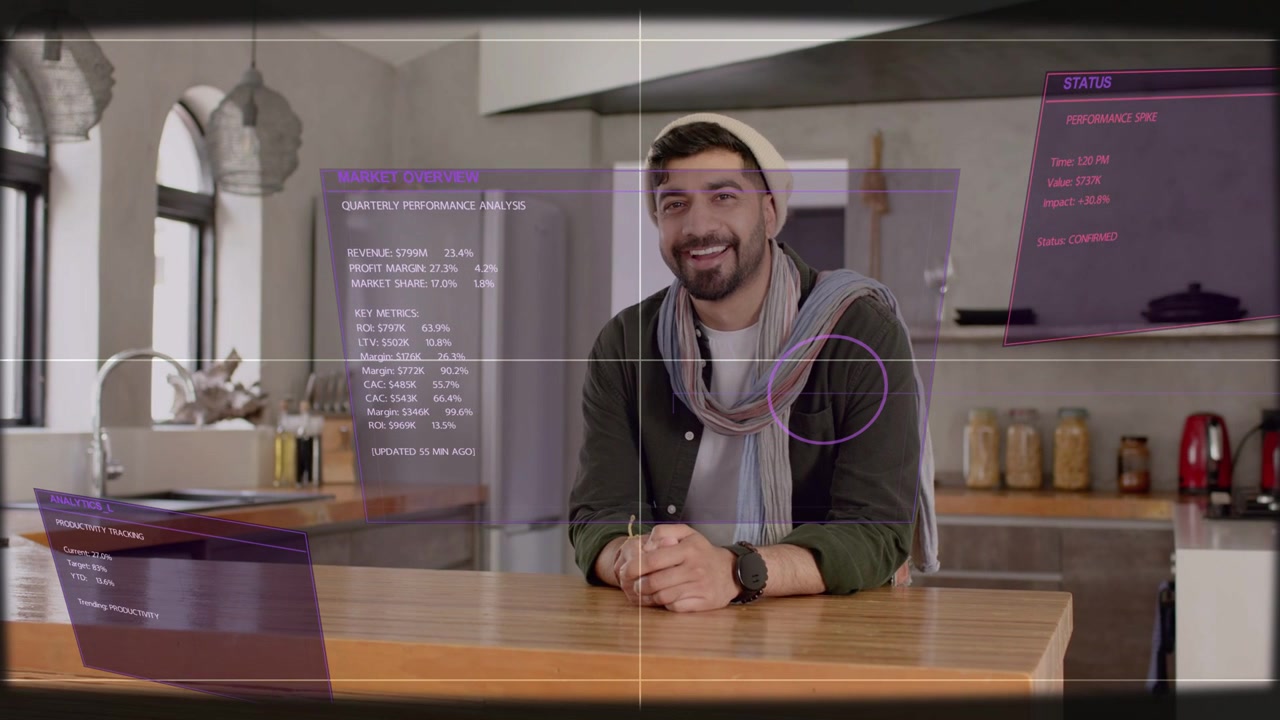 Man leaning on island, framing initiating HUD panels animating graph over chest for business review