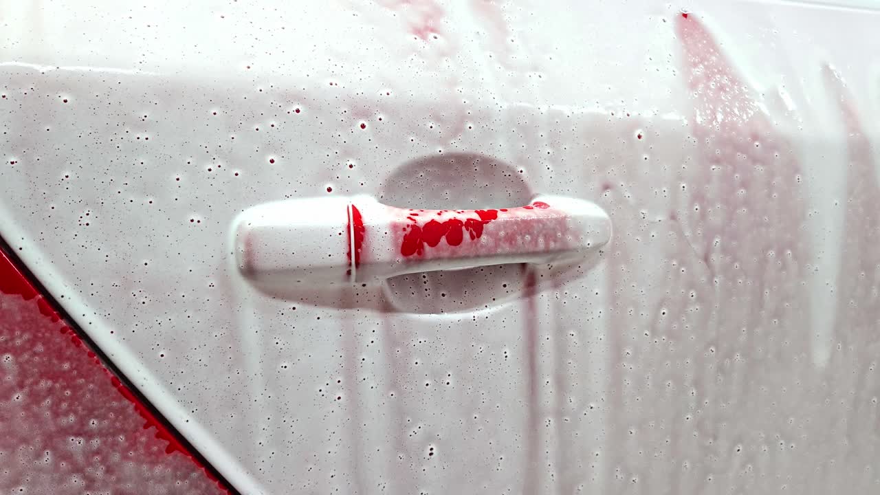 Soap bubbles flowing across red vehicle surface during outdoor wash routine