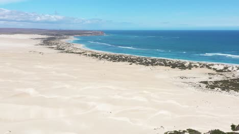 excelente toma aérea de dunas de arena y olas rompiendo en la playa sherina de la península de eyre, sur de australia