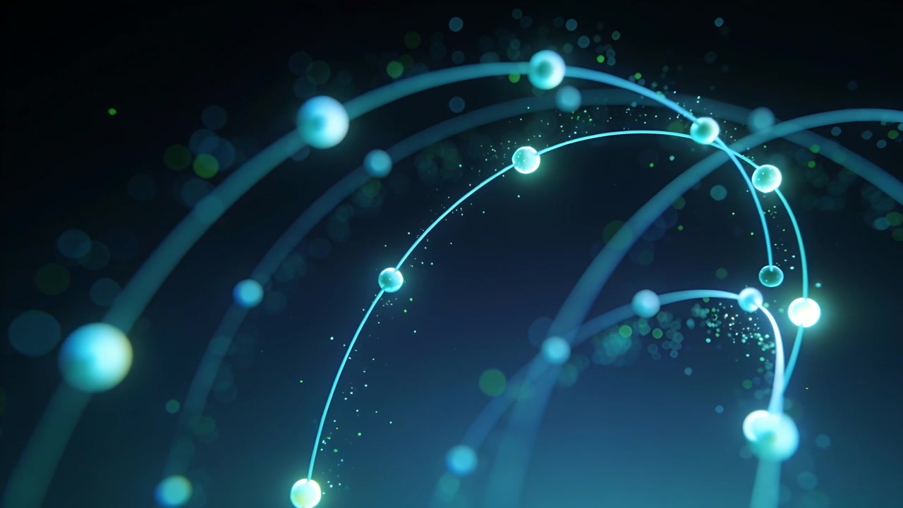 Frames starting, teal spheres moving on curved paths converging right in navy, emitting sparks