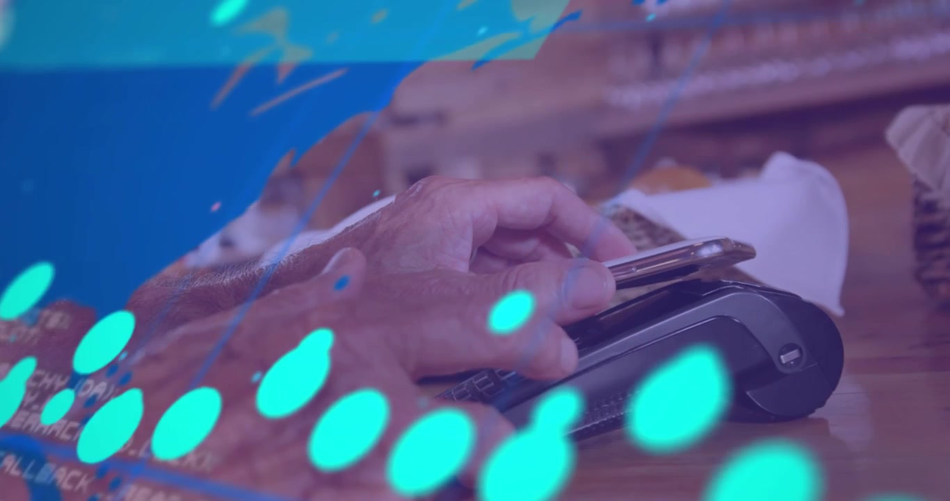 Animation of data processing with world map over diverse people paying with smartphone