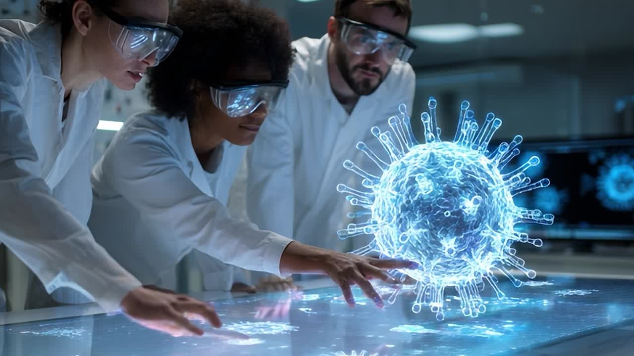 Researchers studying a digital model of a virus in a laboratory setting