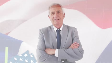 animation of flag of usa and graph over caucasian businessman