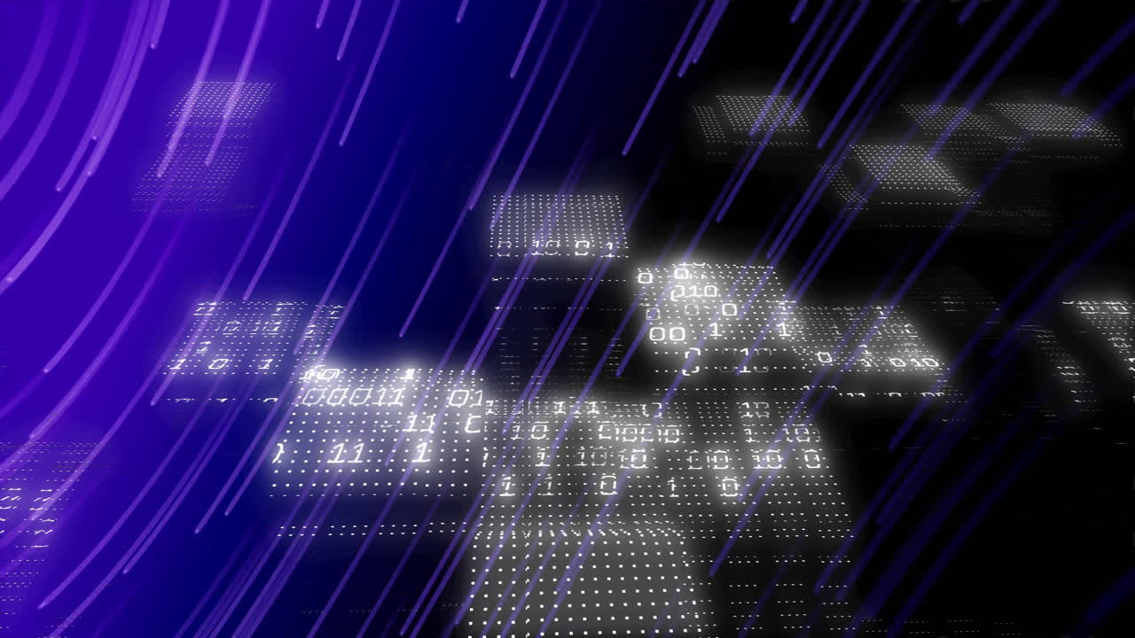 바이너리 코드 및 데이터 처리 애니메이션 디지털 그리드 위에 보라색 선으로