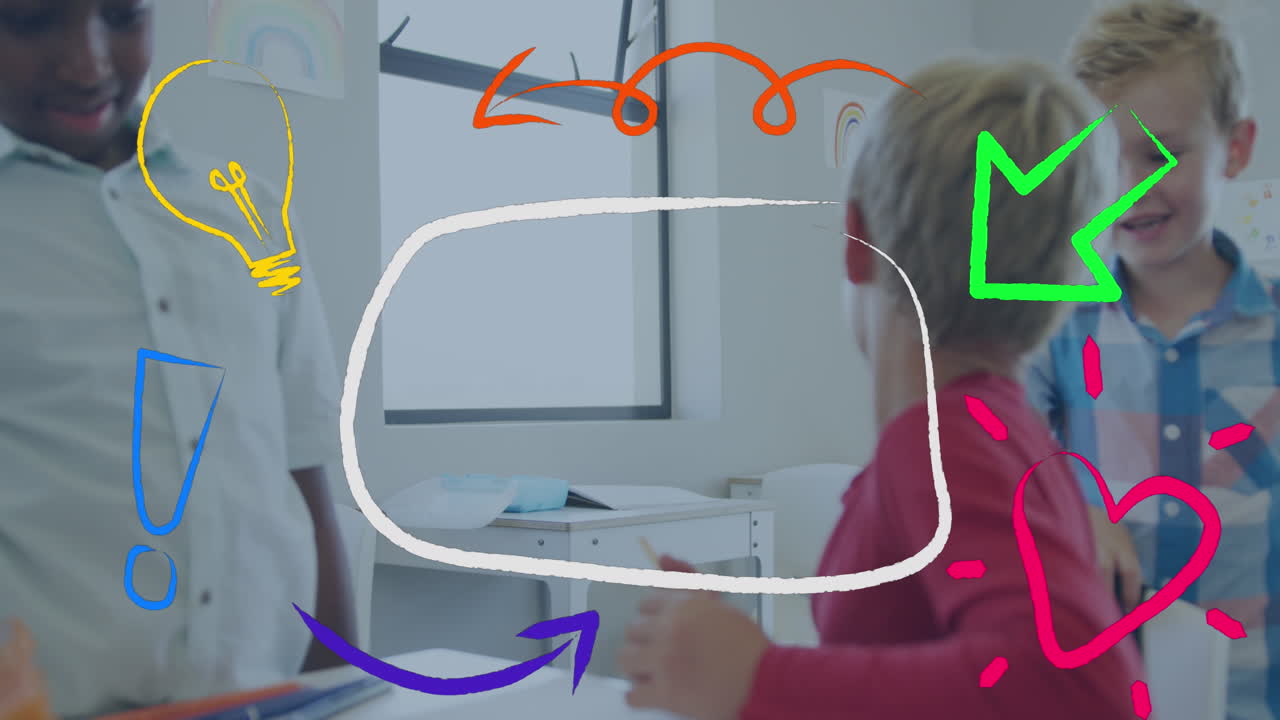 클래스에서 일하는 행복한 다양한 학교 소년들에 대한 다채로운 영감 아이콘의 애니메이션