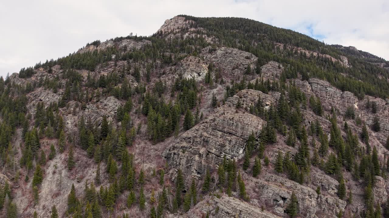 Veduta aerea con drone di un ripido versante roccioso coperto da alberi sempreverdi e formazioni rocciose stratificate esposte nella natura selvaggia vicino a Whitefish, Montana