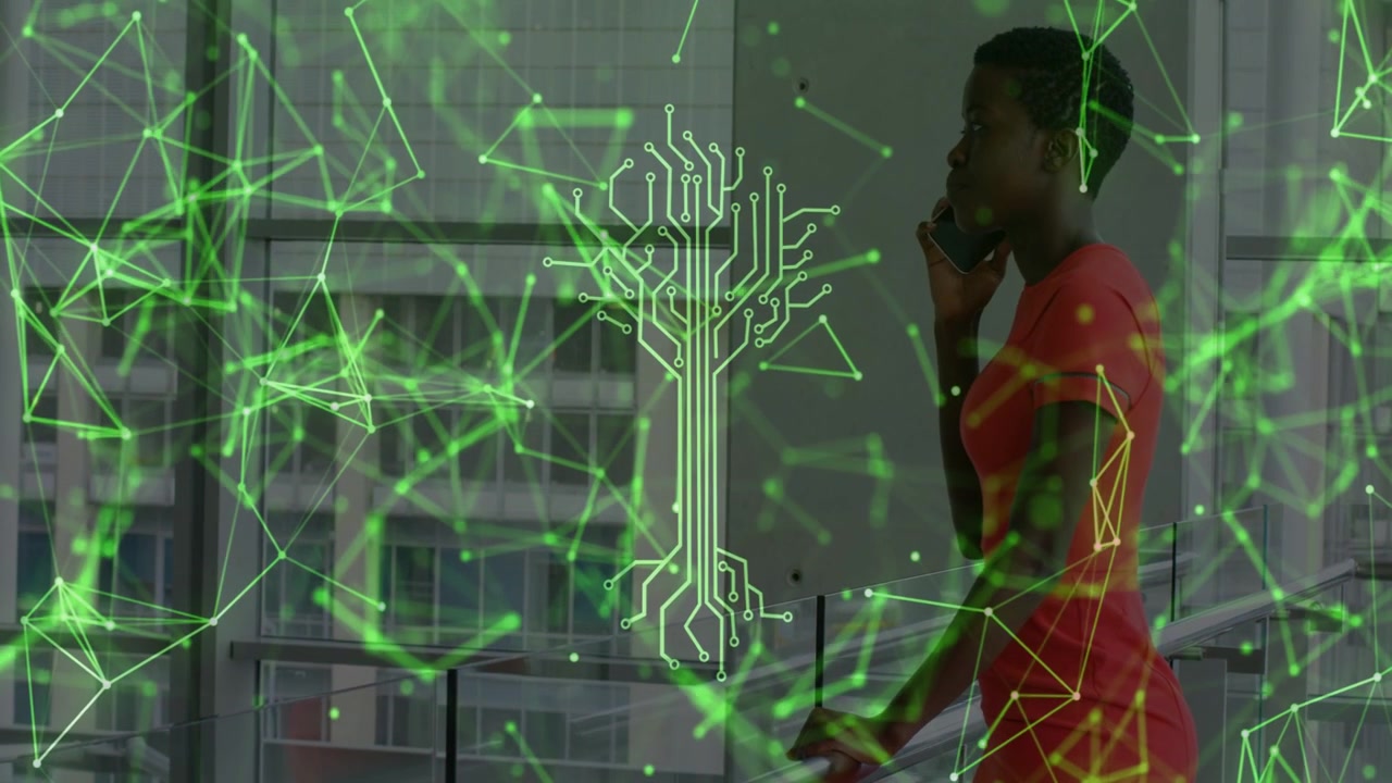 Vertical video: Woman walking office on phone pausing then nearing cam overlaying green IT network