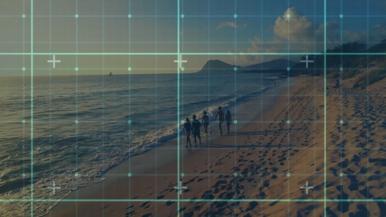 Walking on beach, people with animation overlaying ocean and mountains scenery
